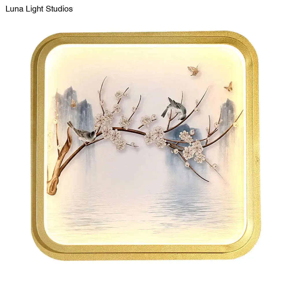 Asia LED Mural Light in Gold/Khaki with Fabric Shade - Sconce Lighting, Lake and Flower Branch Painting
