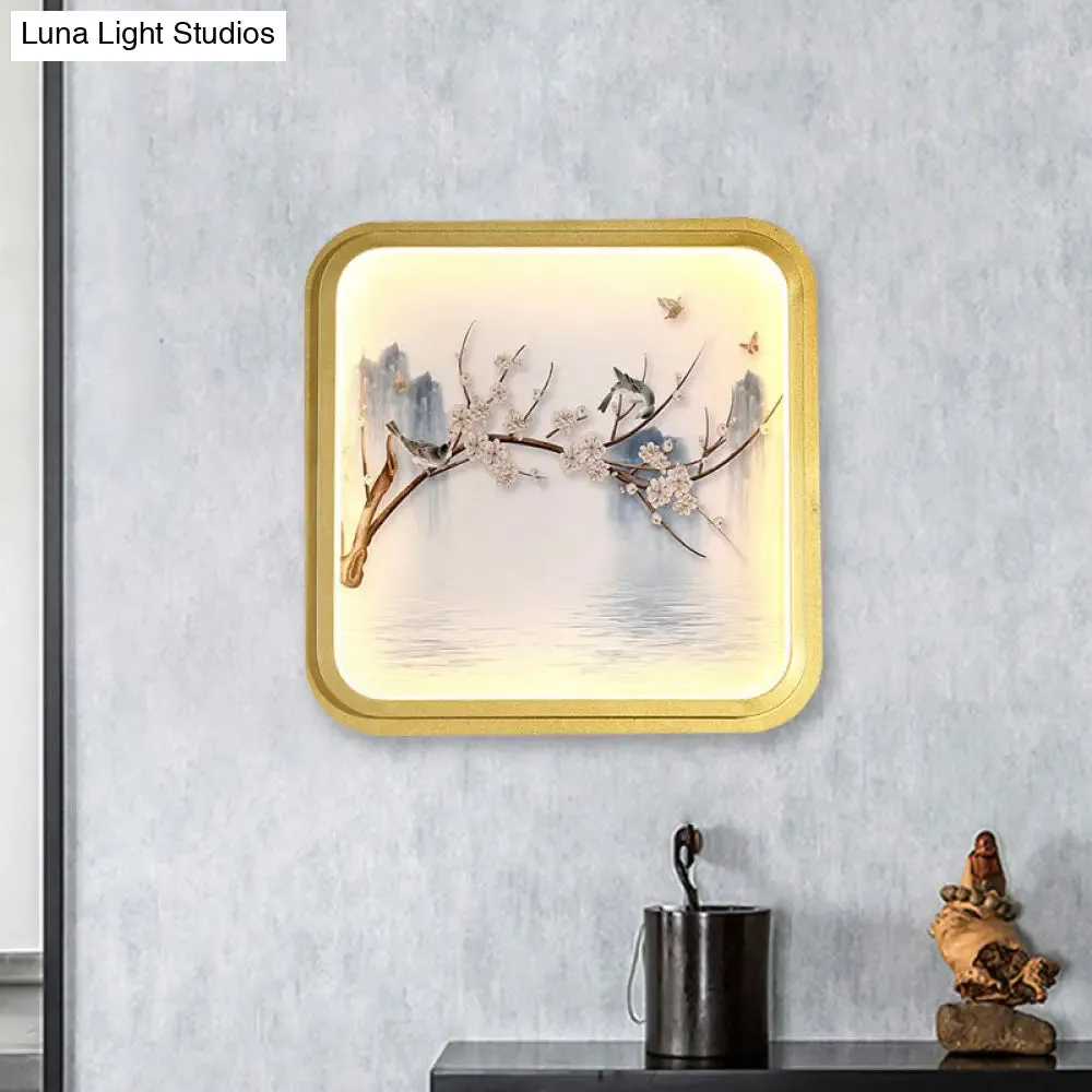 Asia LED Mural Light in Gold/Khaki with Fabric Shade - Sconce Lighting, Lake and Flower Branch Painting