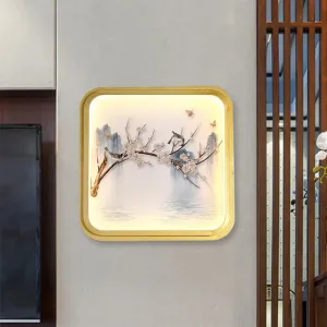 Asia LED Mural Light in Gold/Khaki with Fabric Shade - Sconce Lighting, Lake and Flower Branch Painting