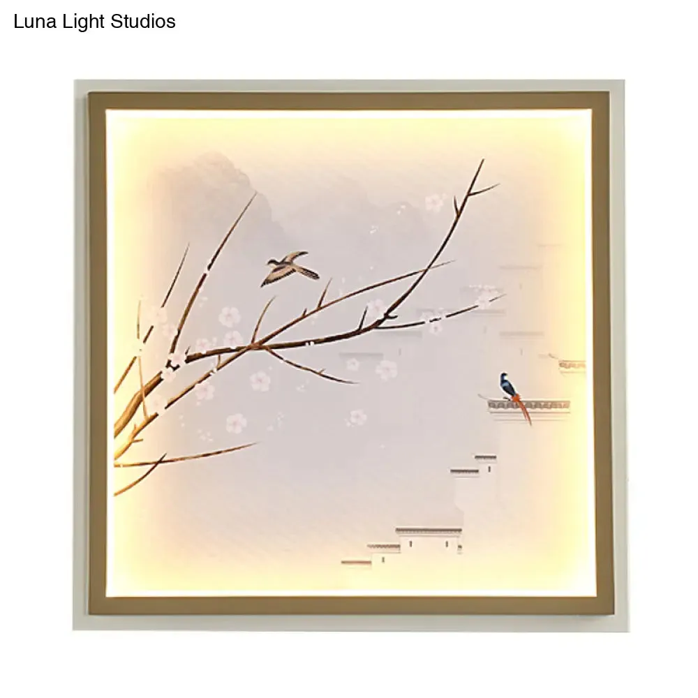 Asia LED Mural Light in Gold/Khaki with Fabric Shade - Sconce Lighting, Lake and Flower Branch Painting