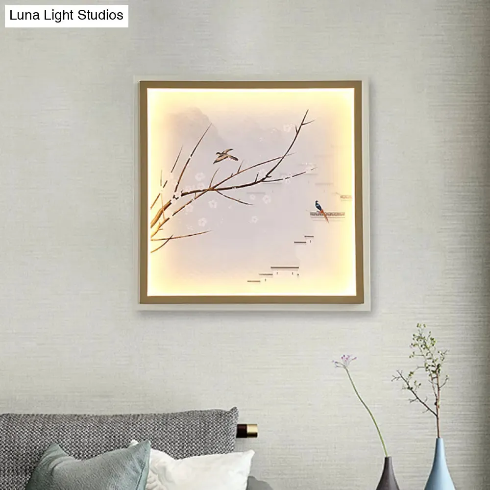 Asia LED Mural Light in Gold/Khaki with Fabric Shade - Sconce Lighting, Lake and Flower Branch Painting