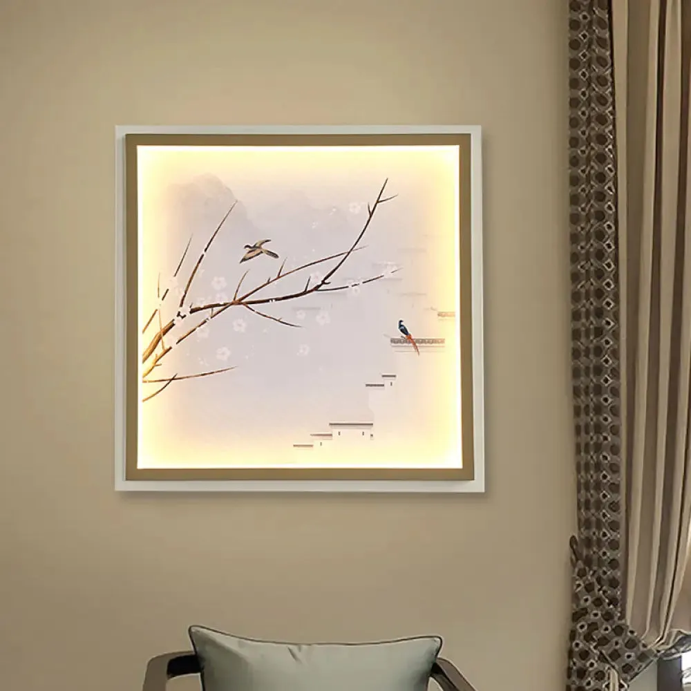 Asia LED Mural Light in Gold/Khaki with Fabric Shade - Sconce Lighting, Lake and Flower Branch Painting