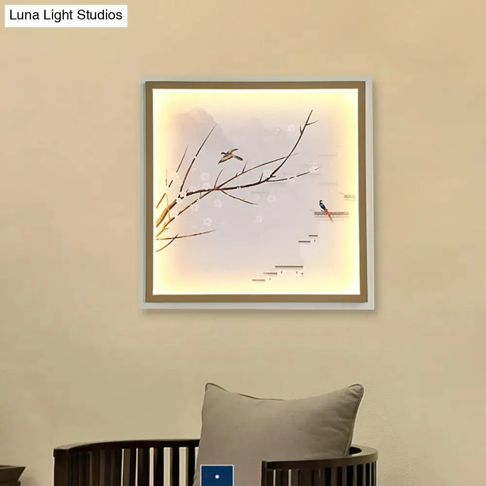 Asia LED Mural Light in Gold/Khaki with Fabric Shade - Sconce Lighting, Lake and Flower Branch Painting