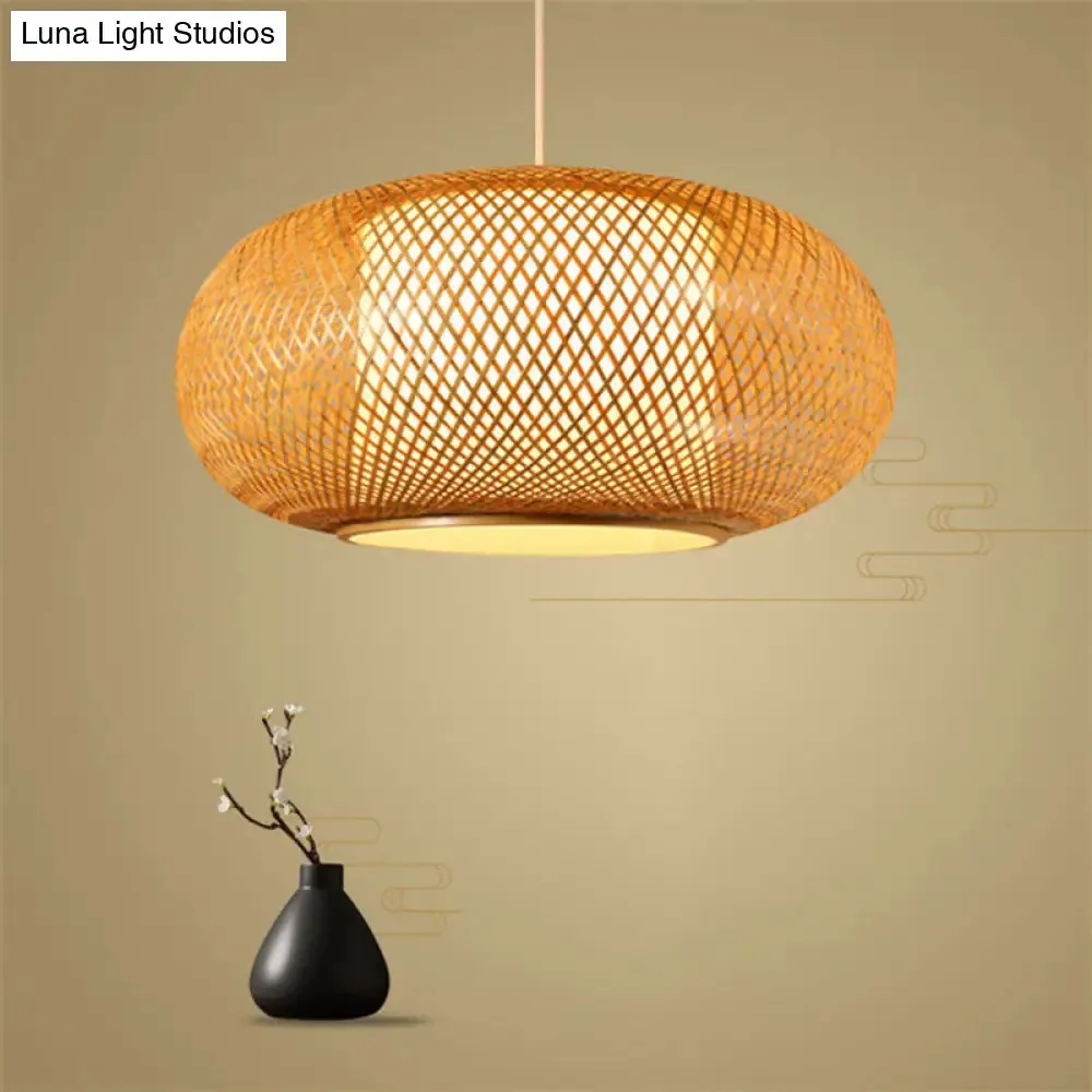 Asian Style Wood Pumpkin Shaded Ceiling Light with Bamboo Hanging Fixture - 1��Bulb