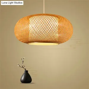 Asian Style Wood Pumpkin Shaded Ceiling Light with Bamboo Hanging Fixture - 1��Bulb