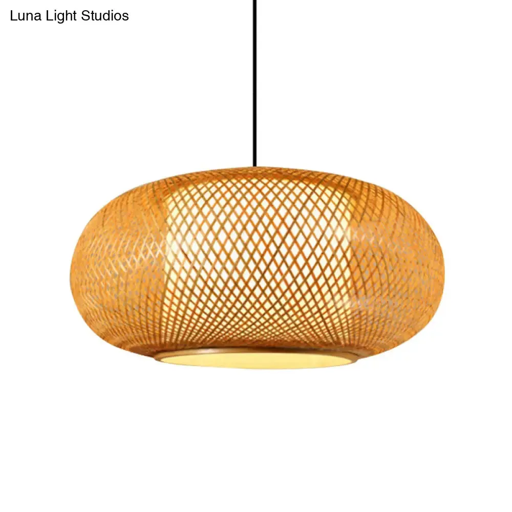 Asian Style Wood Pumpkin Shaded Ceiling Light with Bamboo Hanging Fixture - 1��Bulb