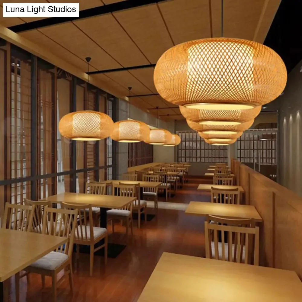 Asian Style Wood Pumpkin Shaded Ceiling Light with Bamboo Hanging Fixture - 1��Bulb