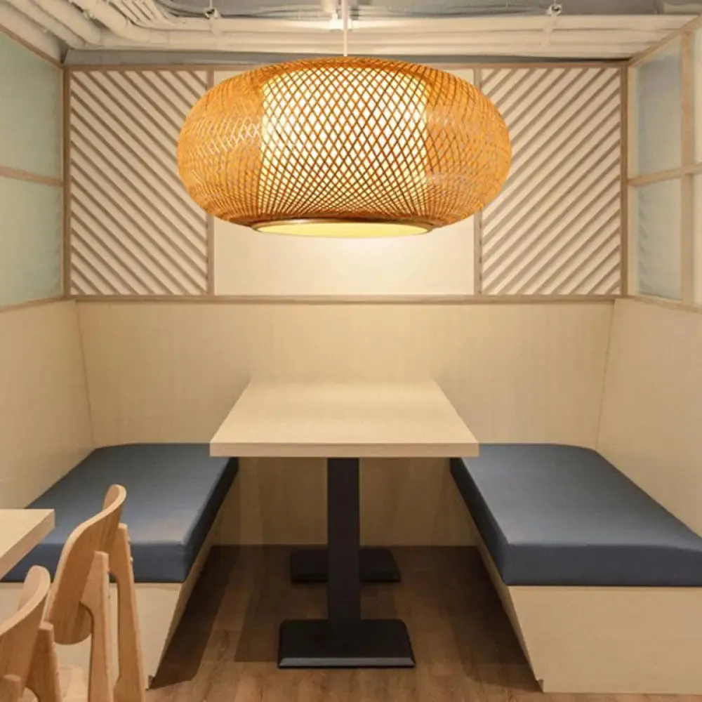 Asian Style Wood Pumpkin Shaded Ceiling Light with Bamboo Hanging Fixture - 1��Bulb