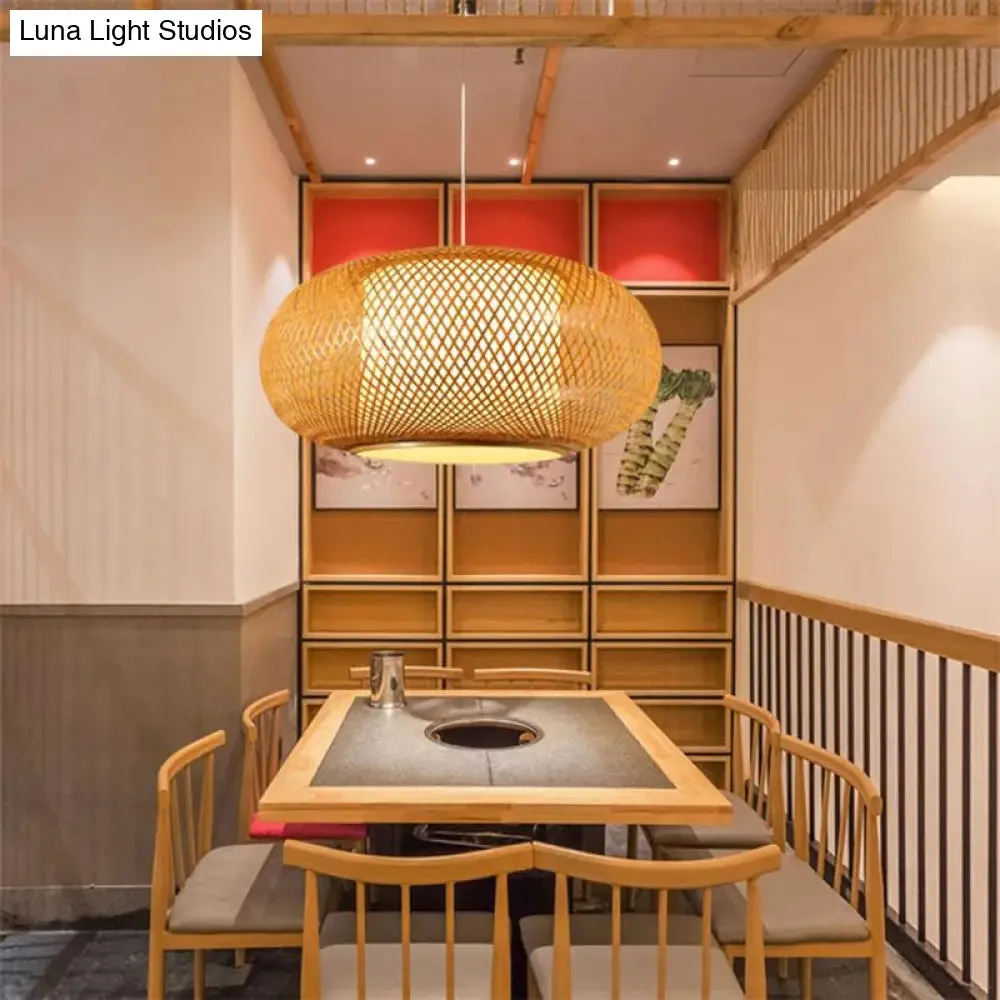 Asian Style Wood Pumpkin Shaded Ceiling Light with Bamboo Hanging Fixture - 1��Bulb