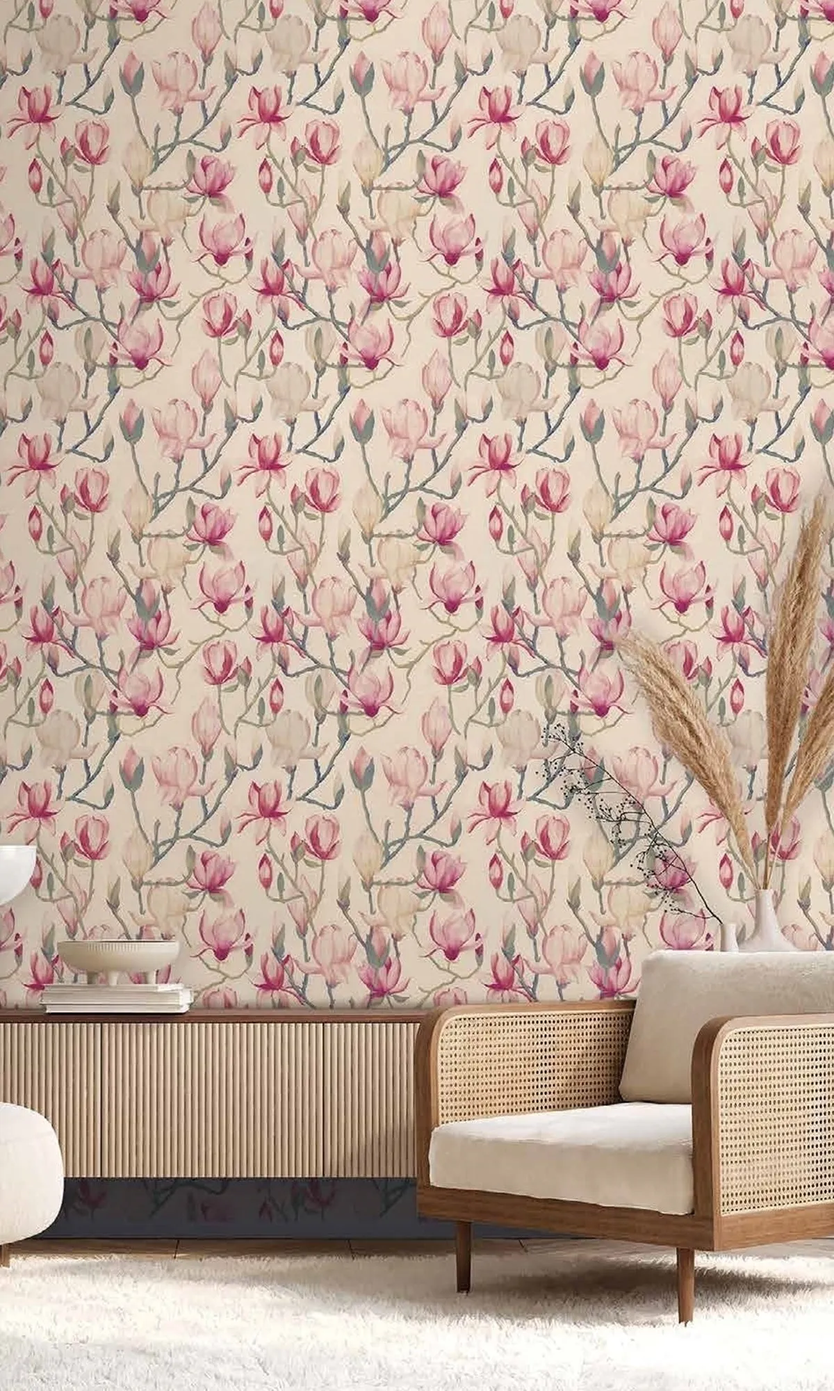 Beige Magnolia Flowers Textured Wallpaper R9496