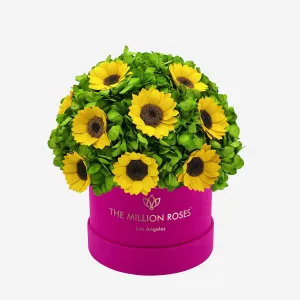 Classic Hot Pink Suede Box | Green Hydrangeas & Sunflowers