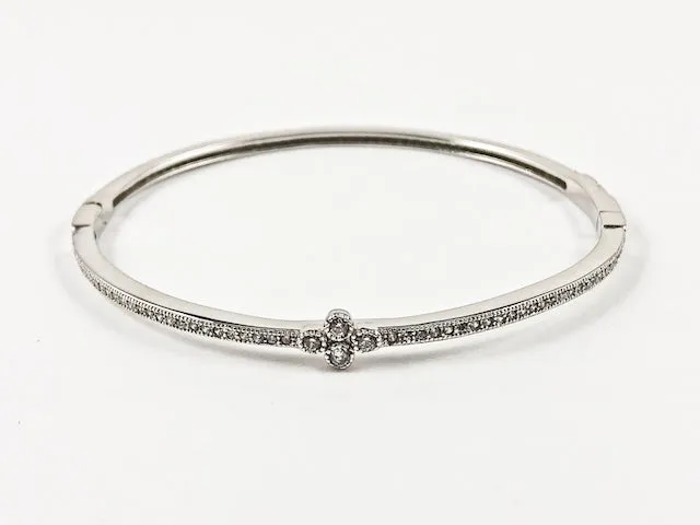 Elegant Dainty Thin Center Floral CZ With CZ All Around Silver Bracelet Bangle