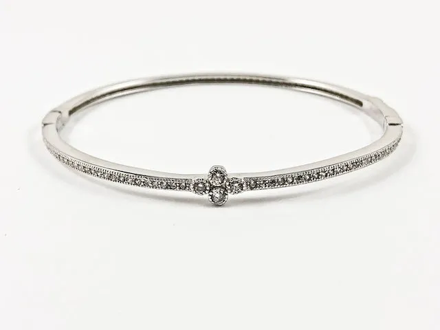 Elegant Dainty Thin Center Floral CZ With CZ All Around Silver Bracelet Bangle