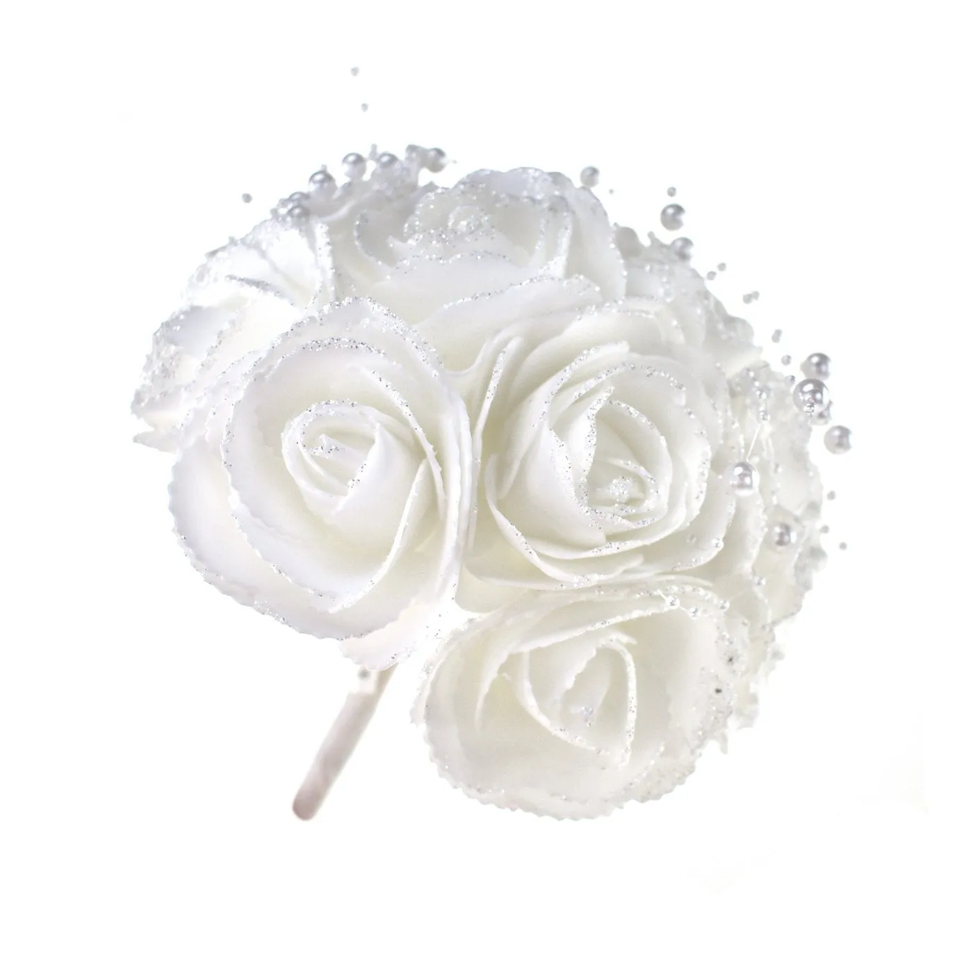 Glitter Foam Rose Bouquet with Pearl Spray, White, 9-Inch