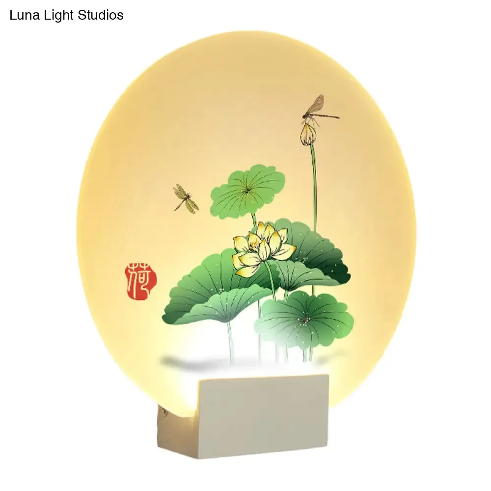 Lotus Leaf & Dragonfly Pattern LED Wall Light -Asia Style Circular Acrylic Wall Mural in White