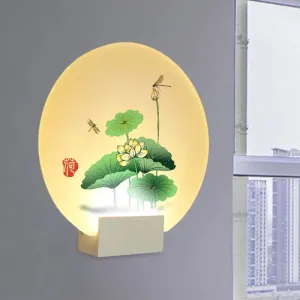 Lotus Leaf & Dragonfly Pattern LED Wall Light -Asia Style Circular Acrylic Wall Mural in White