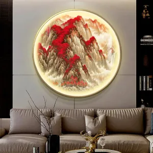 Red Oriental Style LED Wall Lamp with Mountain Pattern – Metallic Mural Light for Guest Room