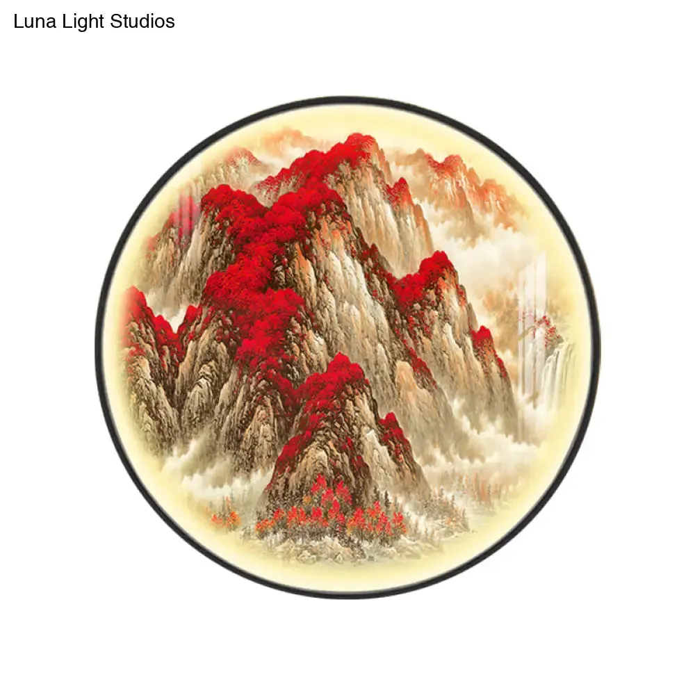 Red Oriental Style LED Wall Lamp with Mountain Pattern – Metallic Mural Light for Guest Room