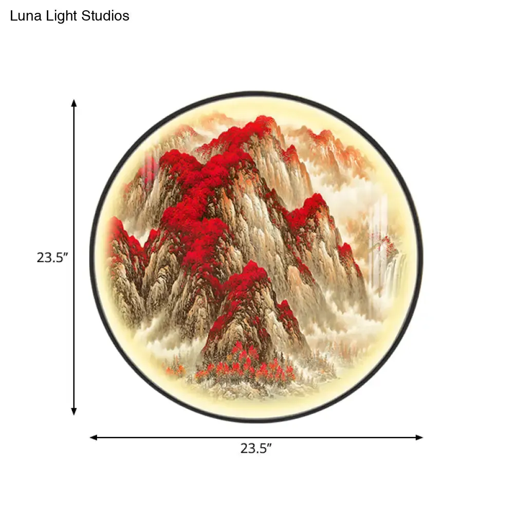 Red Oriental Style LED Wall Lamp with Mountain Pattern – Metallic Mural Light for Guest Room