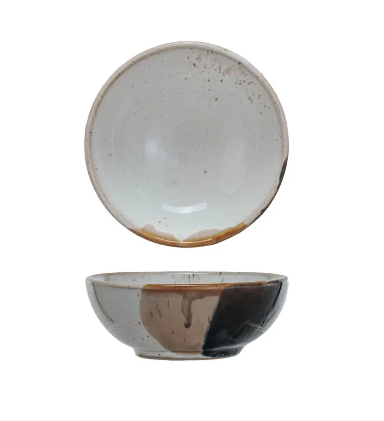 STONEWARE BOWL, REACTIVE GLAZE, BLUE & TAN COLOR
