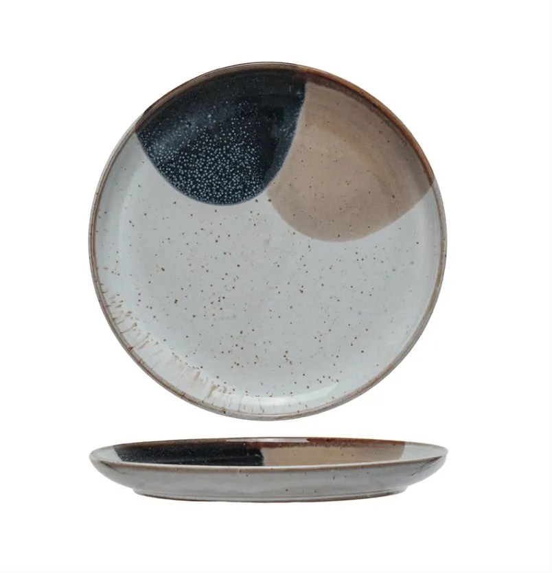 STONEWARE PLATE, REACTIVE GLAZE, BLUE & TAN COLOR