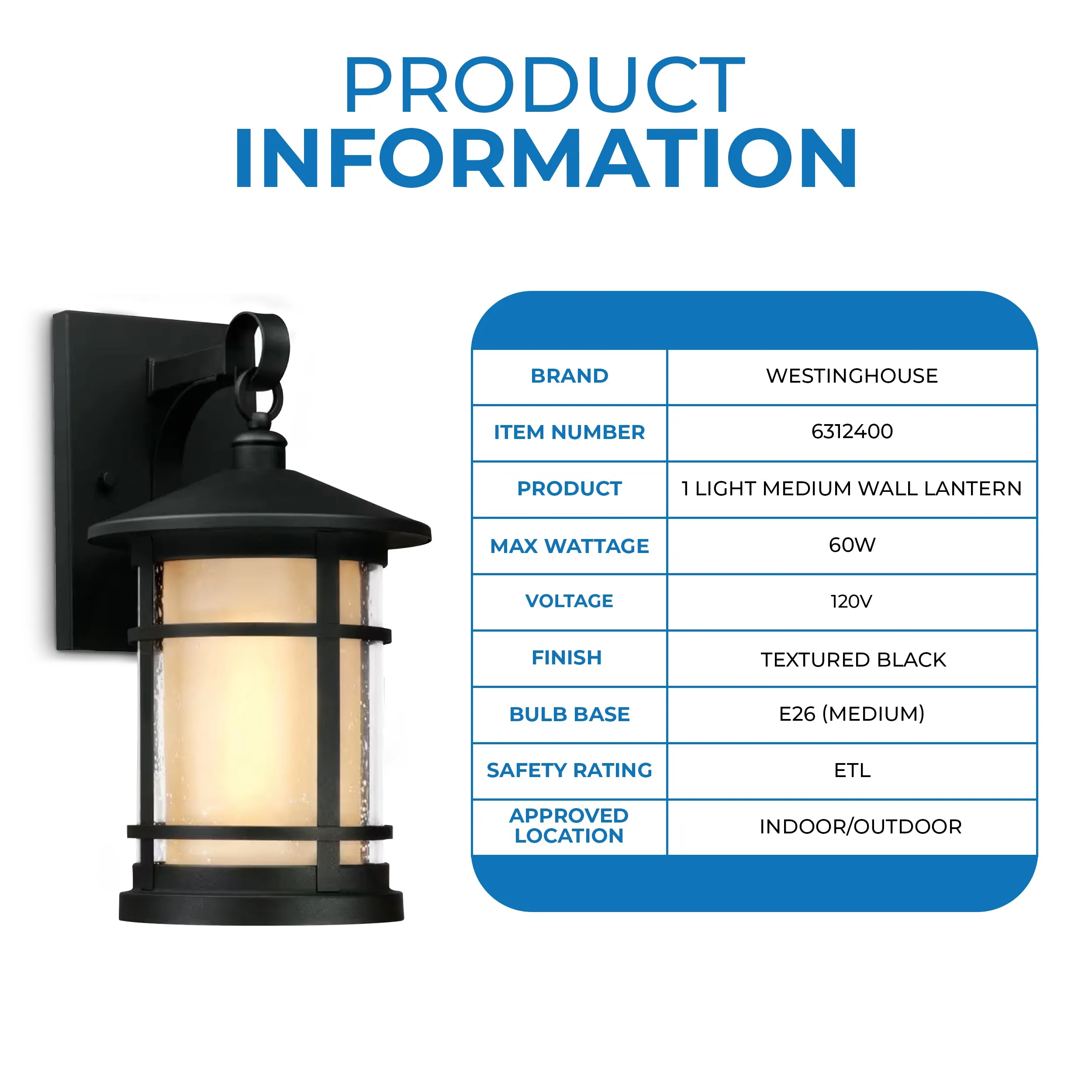 Westinghouse 6312400 1 Light Medium Wall Lantern Textured Black Finish with Amber Frosted and Clear Seeded Glass