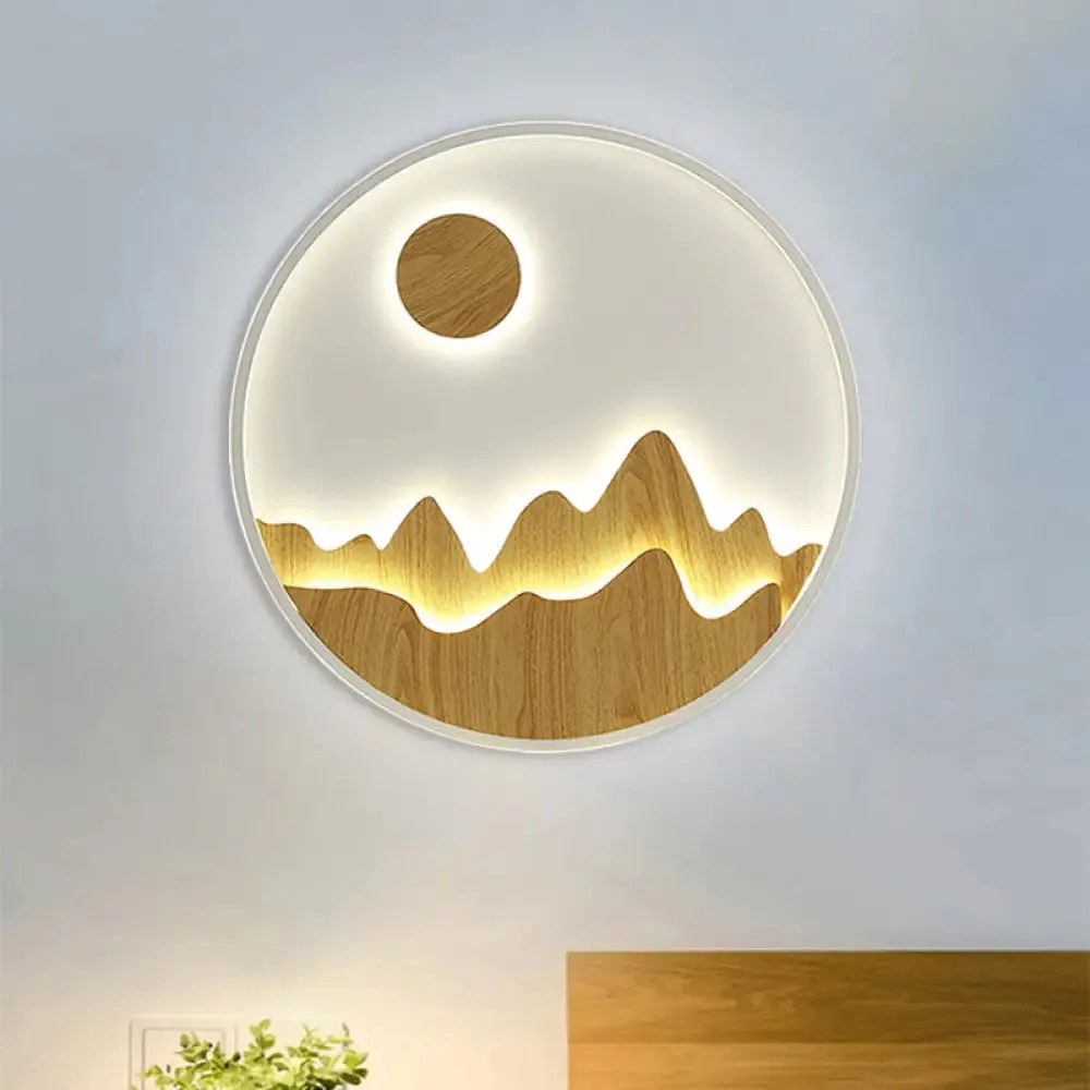 Wooden Sunlit Mountain Wall Lamp - Asian Circular LED Lighting in Yellow