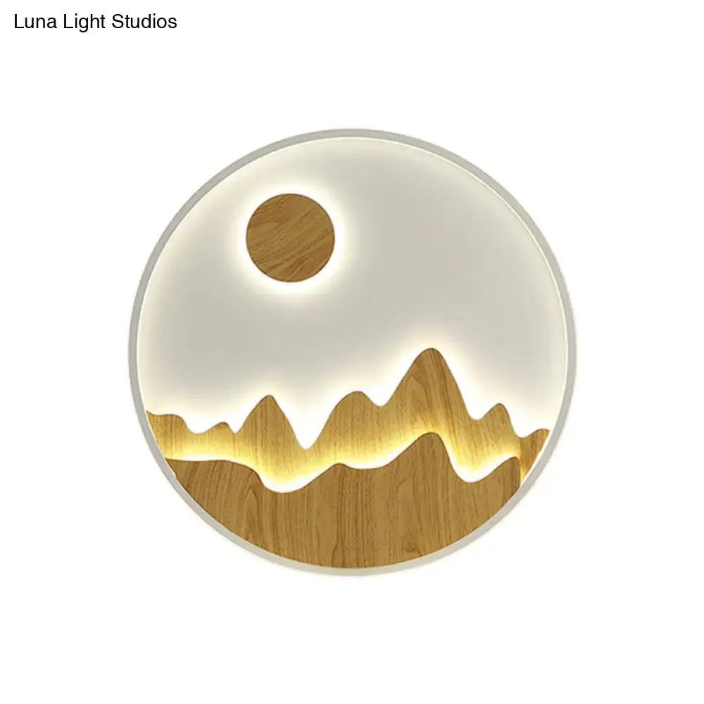 Wooden Sunlit Mountain Wall Lamp - Asian Circular LED Lighting in Yellow