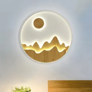 Wooden Sunlit Mountain Wall Lamp - Asian Circular LED Lighting in Yellow