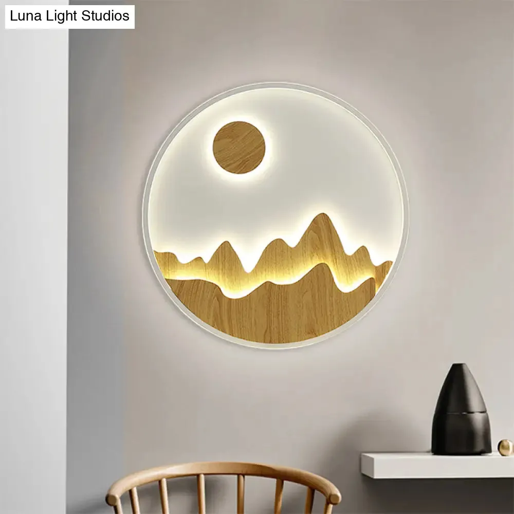 Wooden Sunlit Mountain Wall Lamp - Asian Circular LED Lighting in Yellow